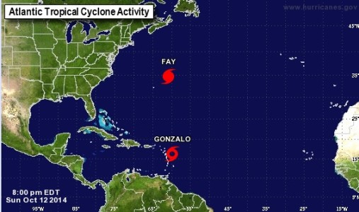 De positie van Gonzalo om 8 uur op zondagavond. Foto screenshot National Hurricane Center
