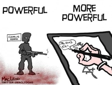 Een cartoon die werd gemaakt na de aanslag in Parijs. © AP.