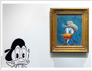 Portret van Donald Duck geschilderd in de stijl van Van Goghs Zelfportret met grijze vilthoed uit 1887