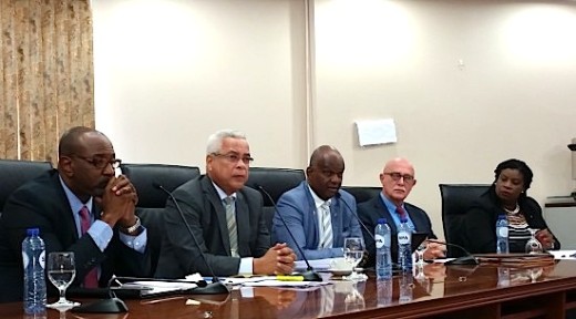 The Council of Ministers during yesterday’s press briefing. From left Ministers Connor, Gumbs, Richardson, Hassink and Bourne-Gumbs | Photo Today / Hilbert Haar