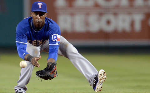 Sep 7, 2013; Anaheim, CA, USA;   Texas Rangers second baseman Jurickson Profar (13) makes a play during the game against the Los Angeles Angels at Angel Stadium of Anaheim. Mandatory Credit: Jayne Kamin-Oncea-USA TODAY Sports