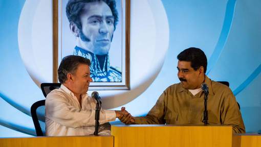 De Venezolaanse president Maduro en de Colombiaanse president Juan Santos na de bespreking over hun gemeenschappelijke grens | EPA/MIGUEL GUTIERREZ