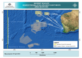 Het zoekgebied in de Indische Oceaan. De pings zijn een bemoedigende aanwijzing, maar het kan nog even duren voor het vliegtuig is gevonden - Foto |  EPA