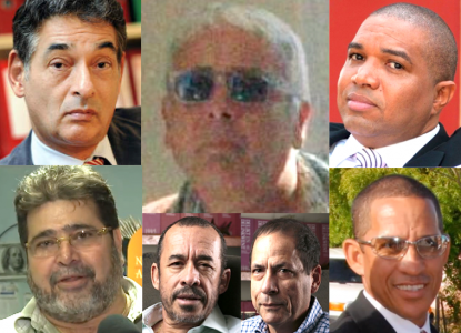 Francesco Corallo en enkele van zijn 'advocaten' die de aanvallen van afgelopen jaar verzorgden