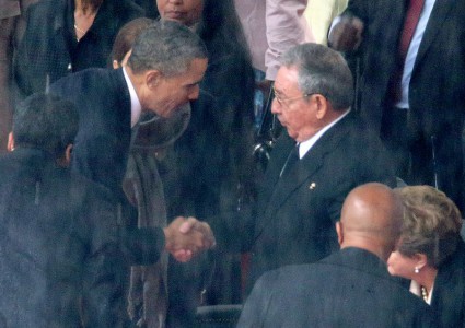 Obama first shook hands with Raul Castro in 2013 at Nelson Mandela's memorial service. (Chip Somodevilla/Getty Images)